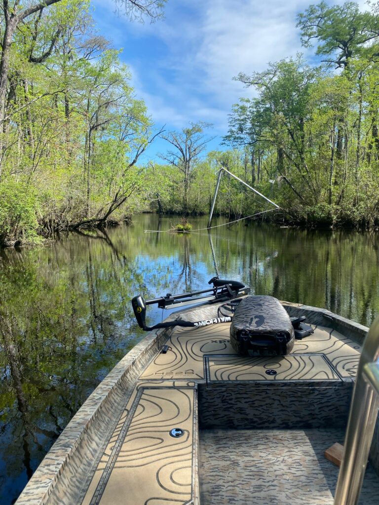 a wood deck with a metal railing and a body of water with trees (MyCoast AI)
