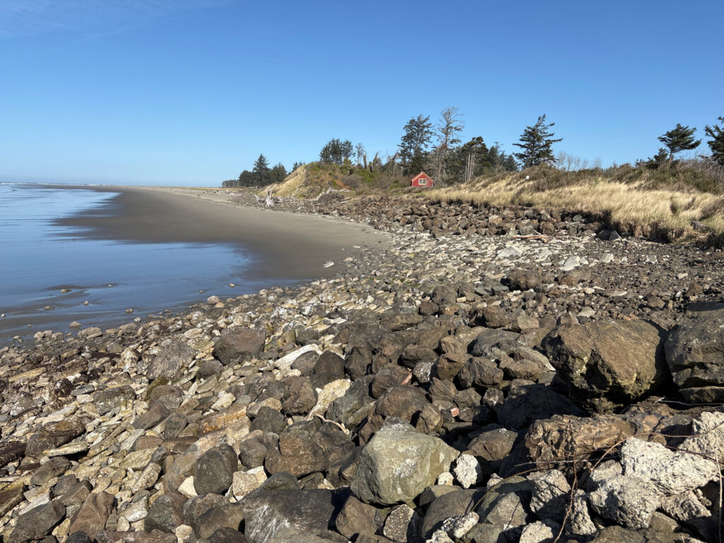 a rocky beach with a body of water in the background (MyCoast AI)