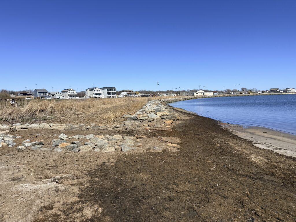 a rocky beach with houses in the background (MyCoast AI)