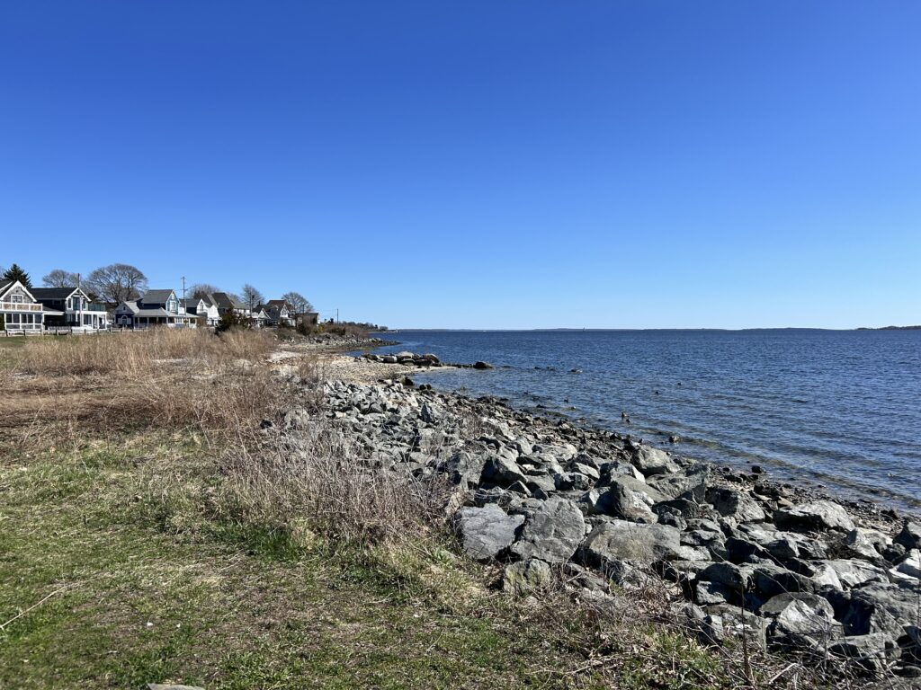 a rocky beach with houses along it (MyCoast AI)
