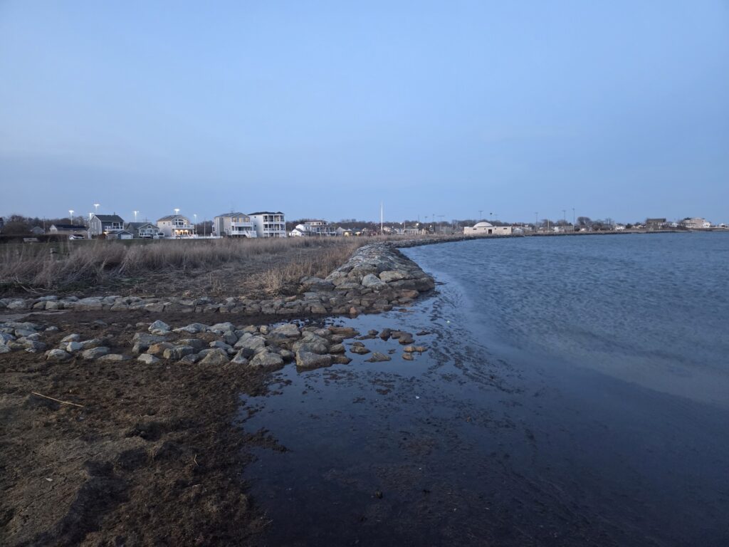 a rocky beach with houses in the background (MyCoast AI)