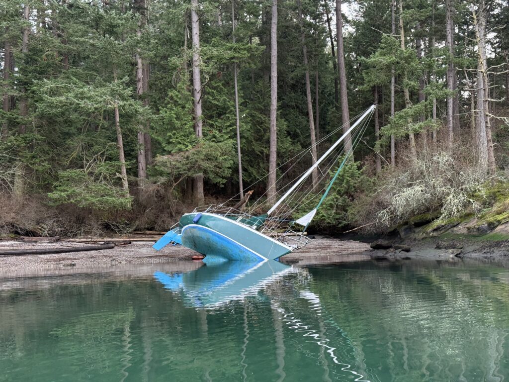 a blue boat in a lake (MyCoast AI)