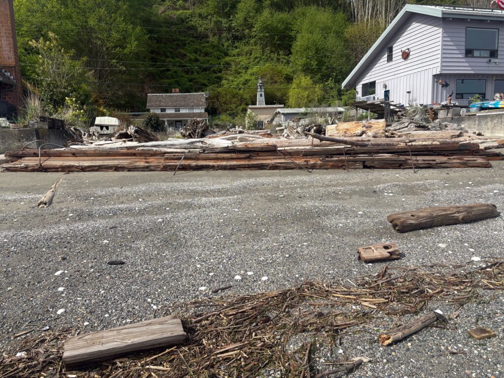 a pile of wood in a dirt yard (MyCoast AI)