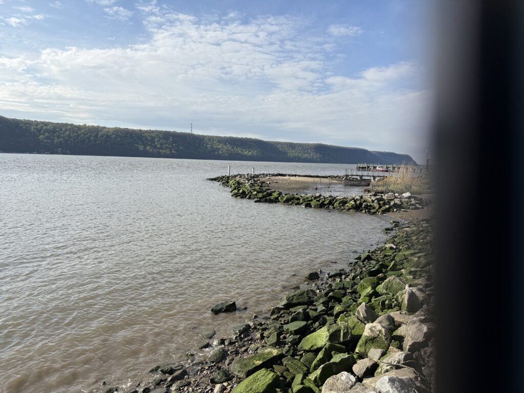 a rocky shore with a body of water and land in the background (MyCoast AI)