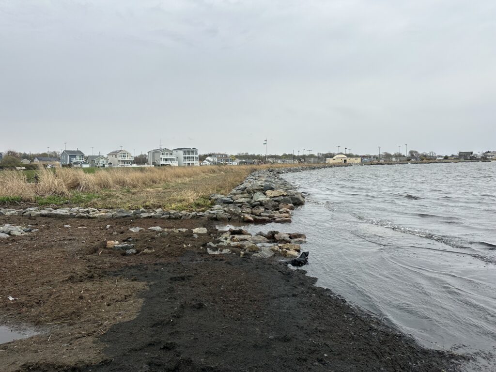 a rocky beach with houses in the background (MyCoast AI)