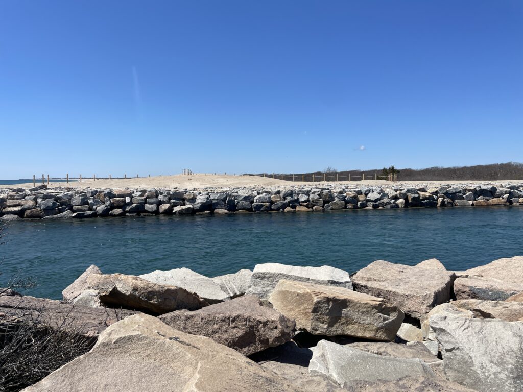 a body of water with rocks and a beach in the background (MyCoast AI)