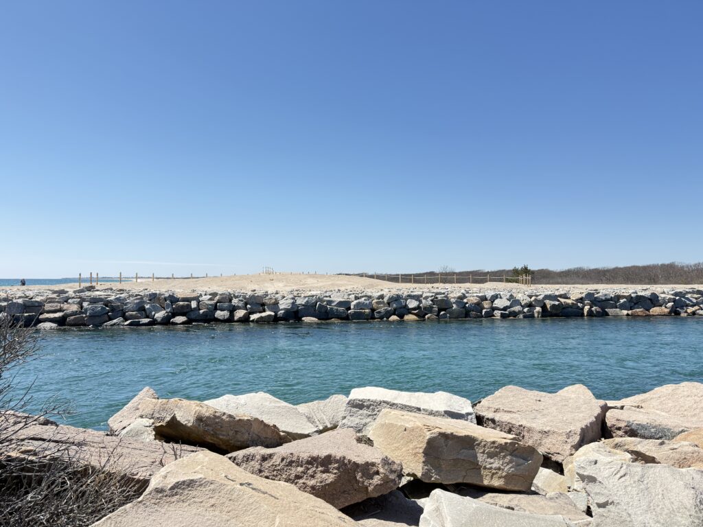 a body of water with rocks and a beach in the background (MyCoast AI)