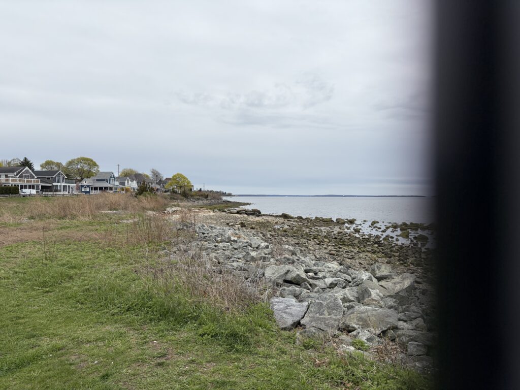 a rocky beach with houses in the background (MyCoast AI)