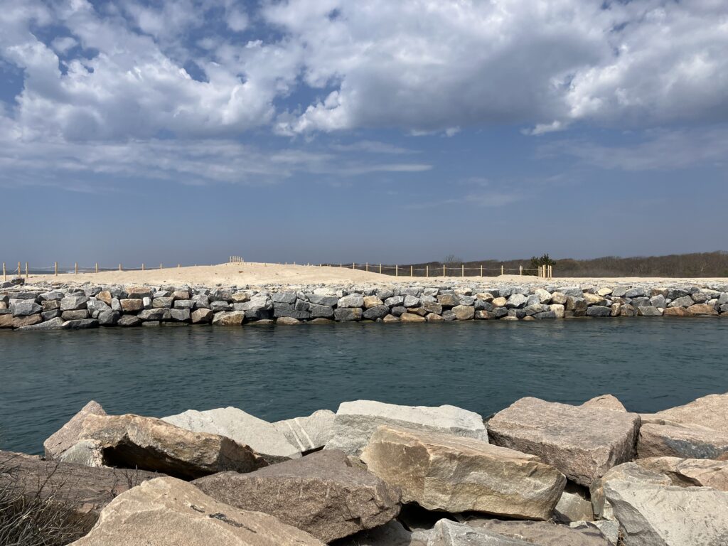 a body of water with rocks and a beach in the background (MyCoast AI)