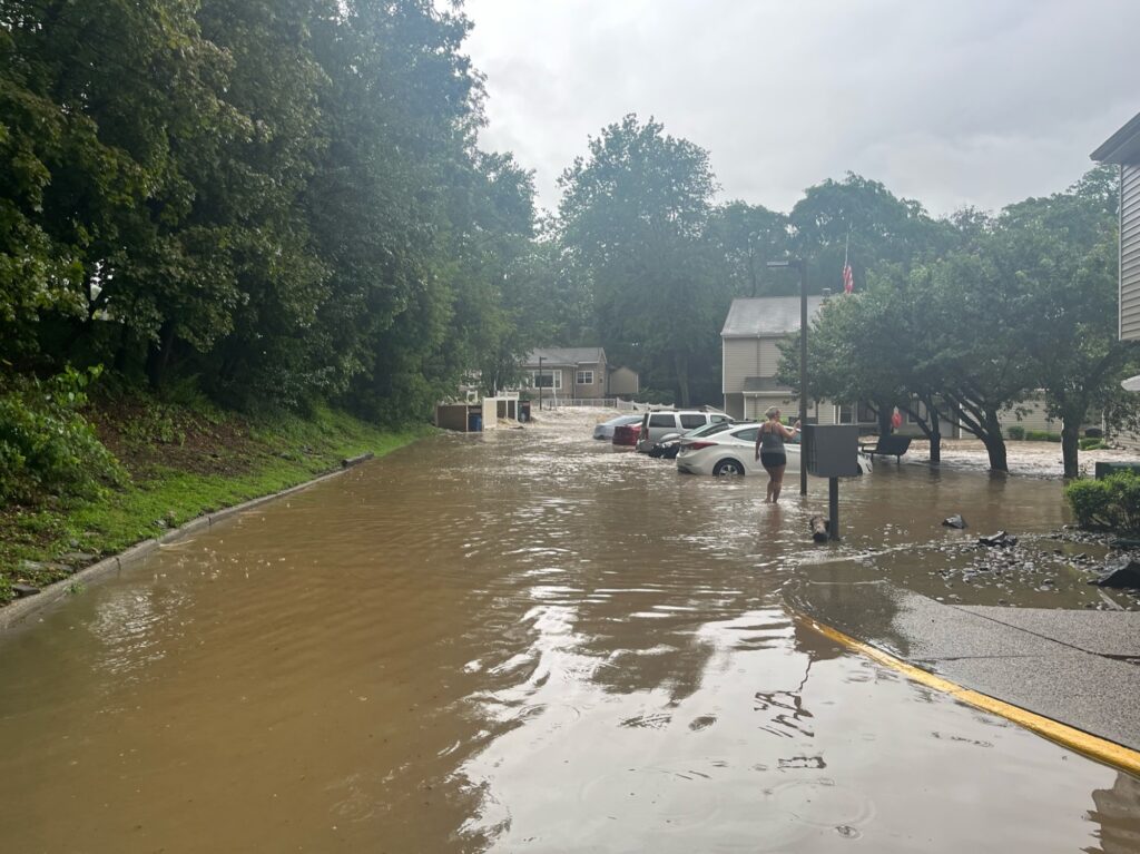 a flooded street with cars and a person walking on the sidewalk (MyCoast AI)